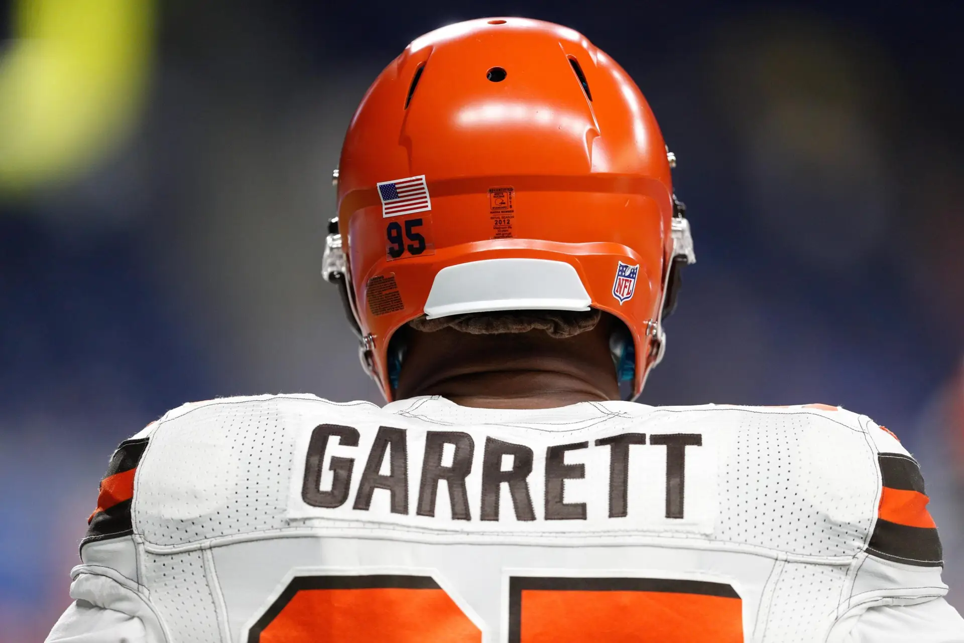 Aug 30, 2018; Detroit, MI, USA; Cleveland Browns defensive end Myles Garrett (95) stands on the field before the game against the Detroit Lions at Ford Field. Mandatory Credit: Raj Mehta-Imagn Images