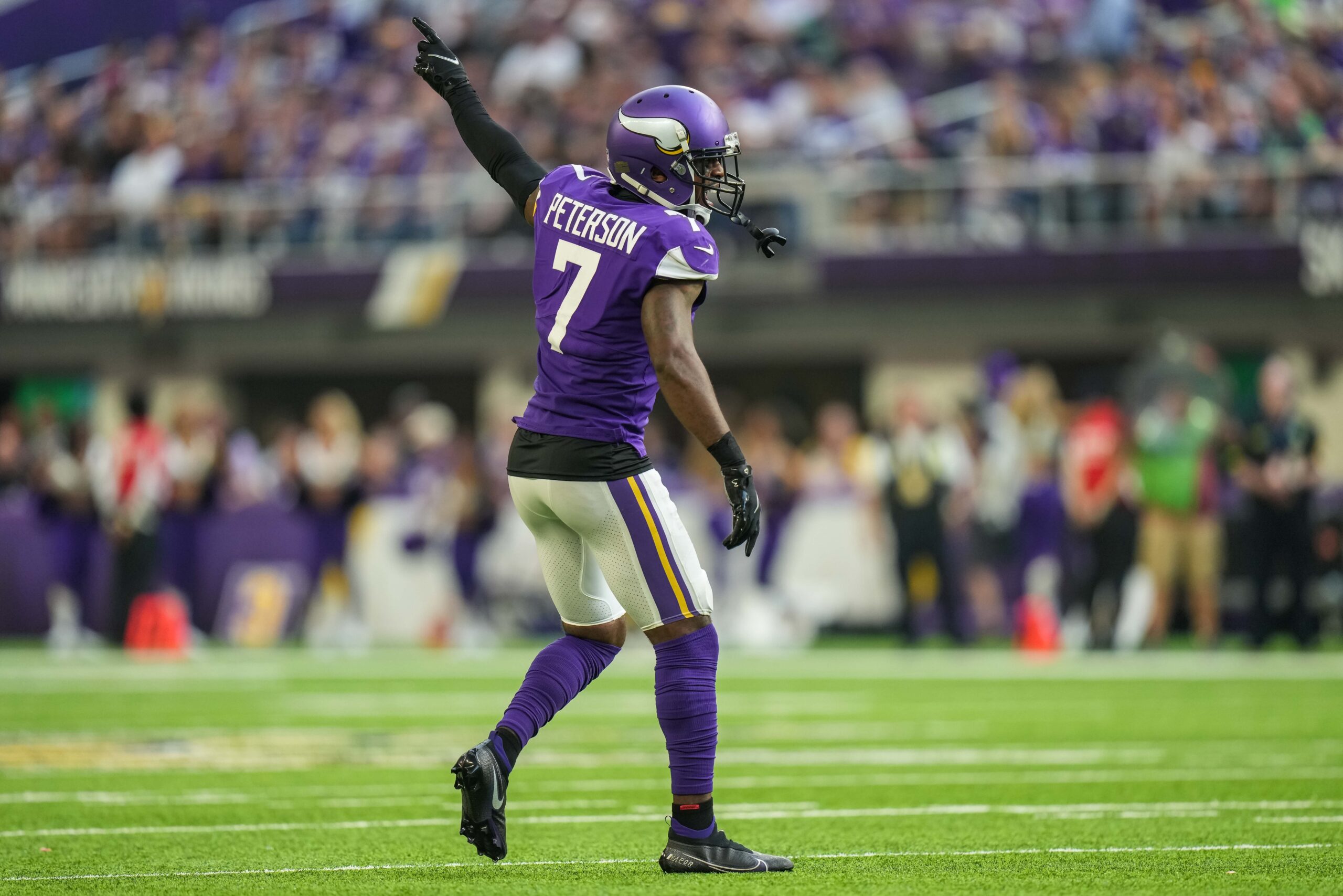 Sep 26, 2021; Minneapolis, Minnesota, USA; Minnesota Vikings cornerback Patrick Peterson (7) looks on during the third quarter against Seattle Seahawks at U.S. Bank Stadium. Mandatory Credit: Brace Hemmelgarn-Imagn Images