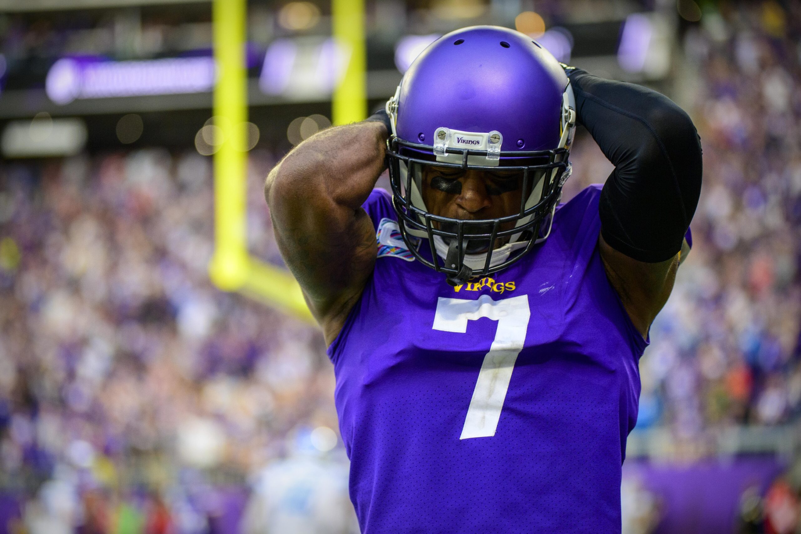 Oct 10, 2021; Minneapolis, Minnesota, USA; Minnesota Vikings cornerback Patrick Peterson (7) reacts to the Detroit Lions scoring a touchdown during the fourth quarter at U.S. Bank Stadium. Mandatory Credit: Jerome Miron-Imagn Images