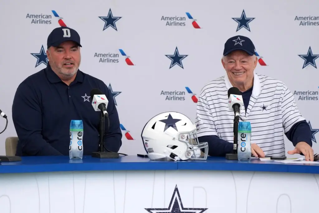 Jul 26, 2022; Oxnard, CA, USA; Dallas Cowboys coach Mike McCarthy (left) and owner Jerry Jones at training camp press conference at the River Ridge Fields. Mandatory Credit: Kirby Lee-Imagn Images