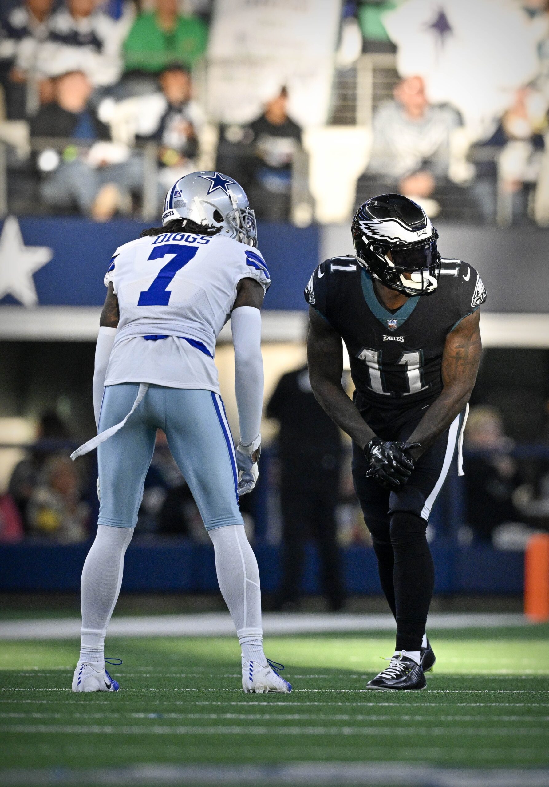 Dec 24, 2022; Arlington, Texas, USA; Dallas Cowboys cornerback Trevon Diggs (7) and Philadelphia Eagles wide receiver A.J. Brown (11) in action during the game between the Dallas Cowboys and the Philadelphia Eagles at AT&T Stadium. Mandatory Credit: Jerome Miron-Imagn Images