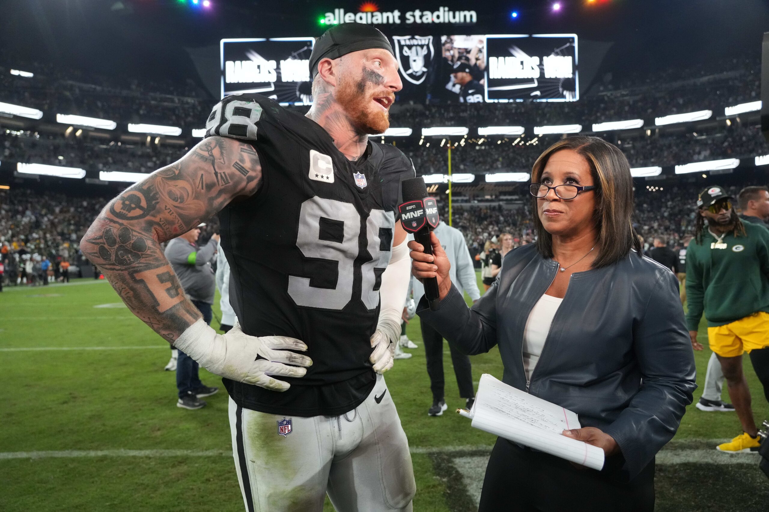 Oct 9, 2023; Paradise, Nevada, USA; Las Vegas Raiders defensive end Maxx Crosby (98) is interviewed by ESPN sideline reporter Lisa Saltes after the game against the Green Bay Packers at Allegiant Stadium. Mandatory Credit: Kirby Lee-Imagn Images