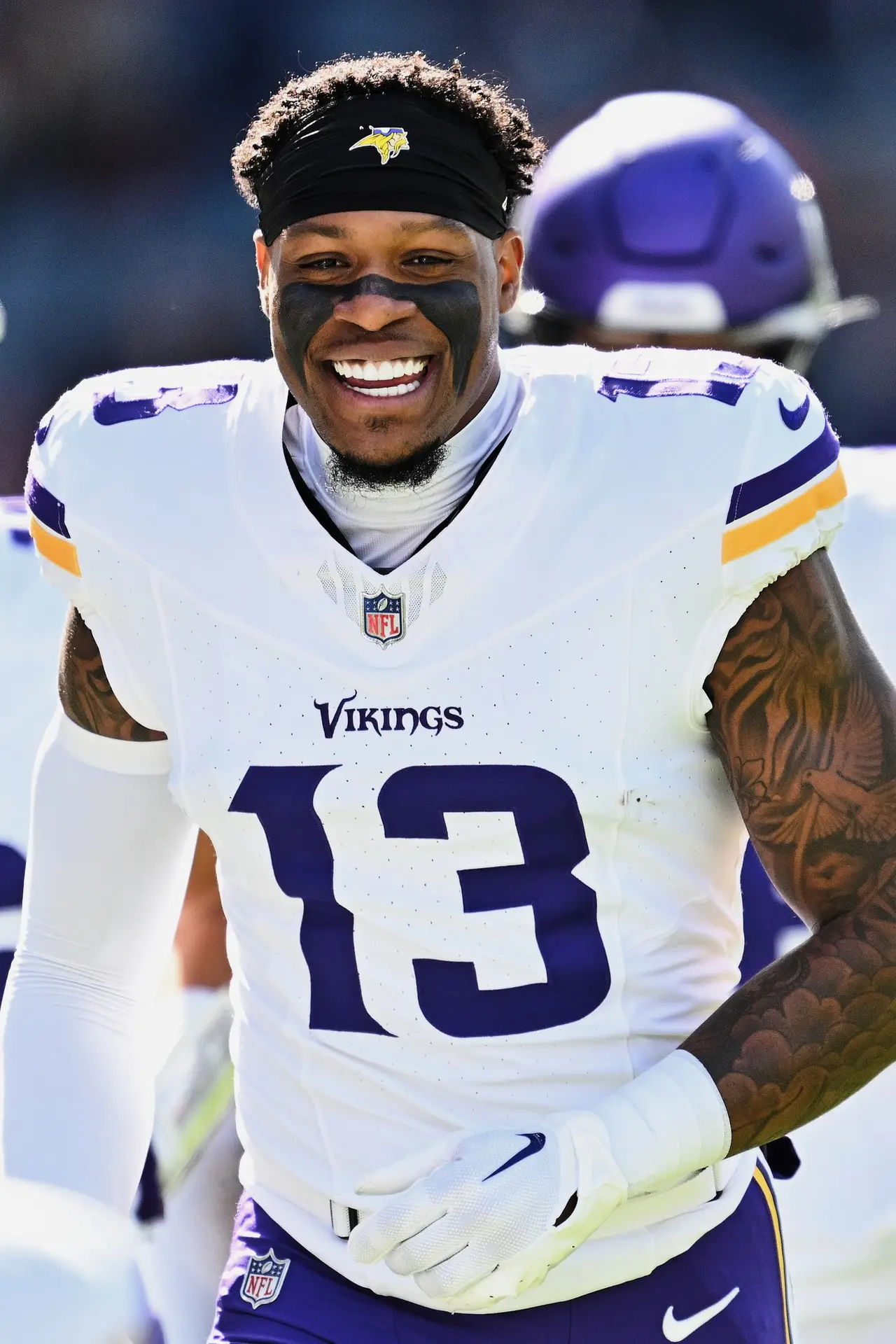 Oct 15, 2023; Chicago, Illinois, USA; Minnesota Vikings wide receiver N'Keal Harry (13) warms up before a game against the Chicago Bears at Soldier Field. Mandatory Credit: Jamie Sabau-Imagn Images