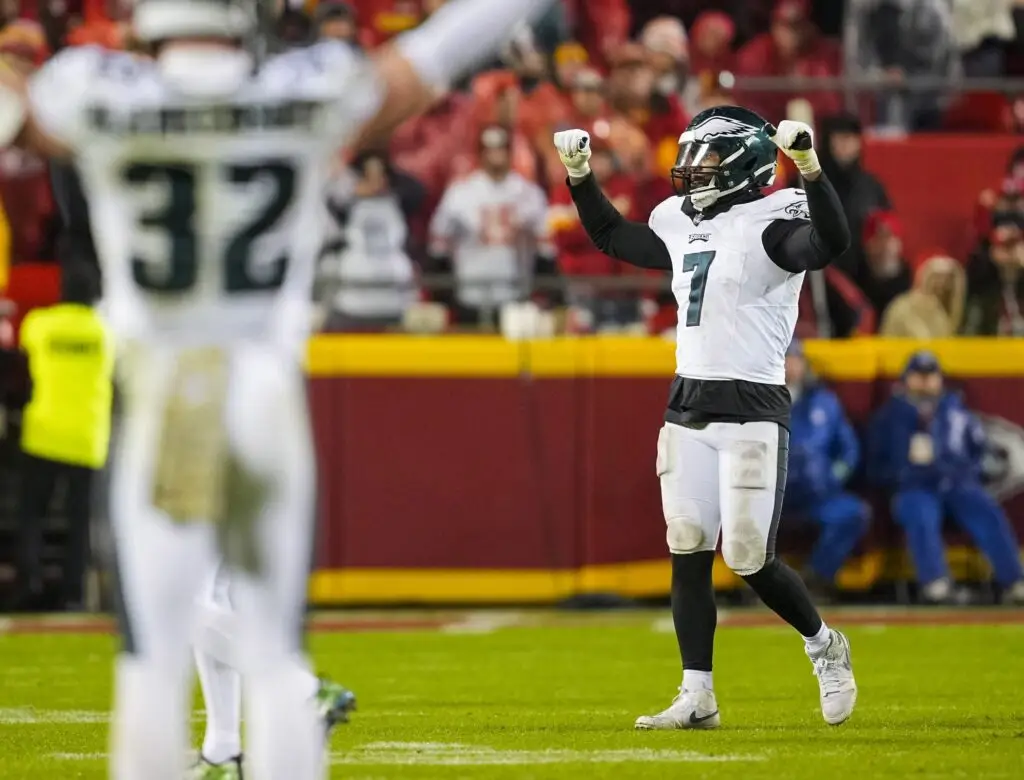 Nov 20, 2023; Kansas City, Missouri, USA; Philadelphia Eagles linebacker Haason Reddick (7) celebrates after defeating the Kansas City Chiefs at GEHA Field at Arrowhead Stadium. Mandatory Credit: Jay Biggerstaff-Imagn Images (Lions)