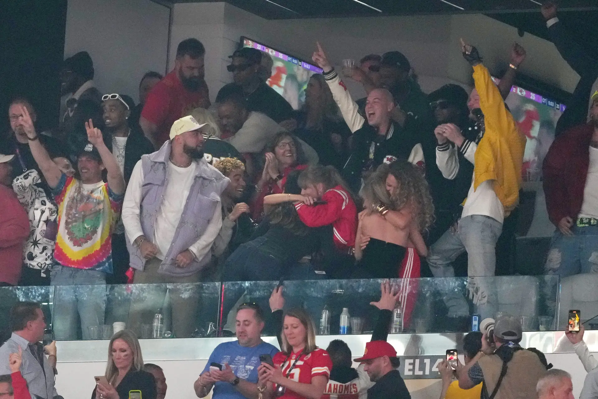 Feb 11, 2024; Paradise, Nevada, USA; Recording artist Taylor Swift celebrate after the Kansas City Chiefs won Super Bowl LVIII against the San Francisco 49ers at Allegiant Stadium. Mandatory Credit: Kyle Terada-Imagn Images