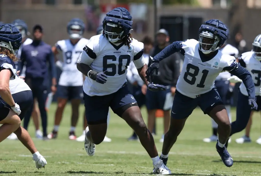 Jul 26, 2024; Oxnard, CA, USA; Dallas Cowboys tackle Tyler Guyton (60) and tight end John Stephens (81) during training camp at the River Ridge Playing Fields in Oxnard, Californian. Mandatory Credit: Jason Parkhurst-Imagn Images