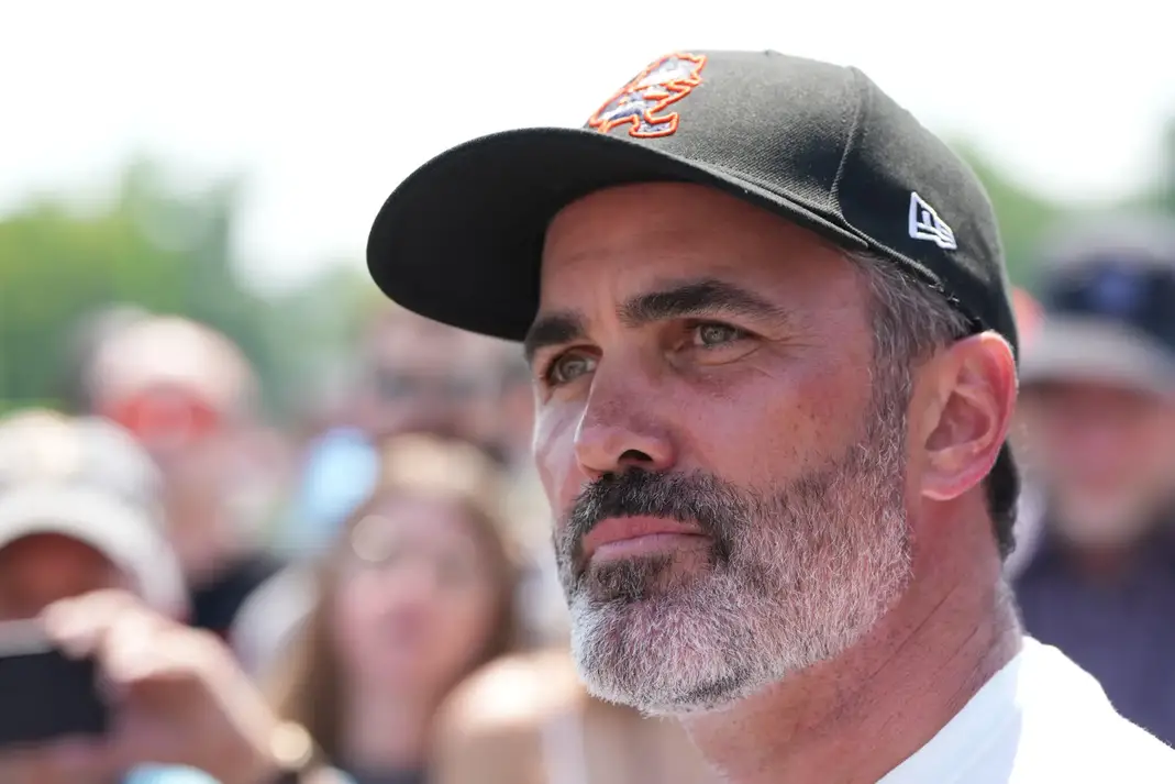 Aug 4, 2024; Cleveland Browns head coach Kevin Stefanski meets with the media before practice at the Browns training facility in Berea, Ohio. Mandatory Credit: Bob Donnan-Imagn Images