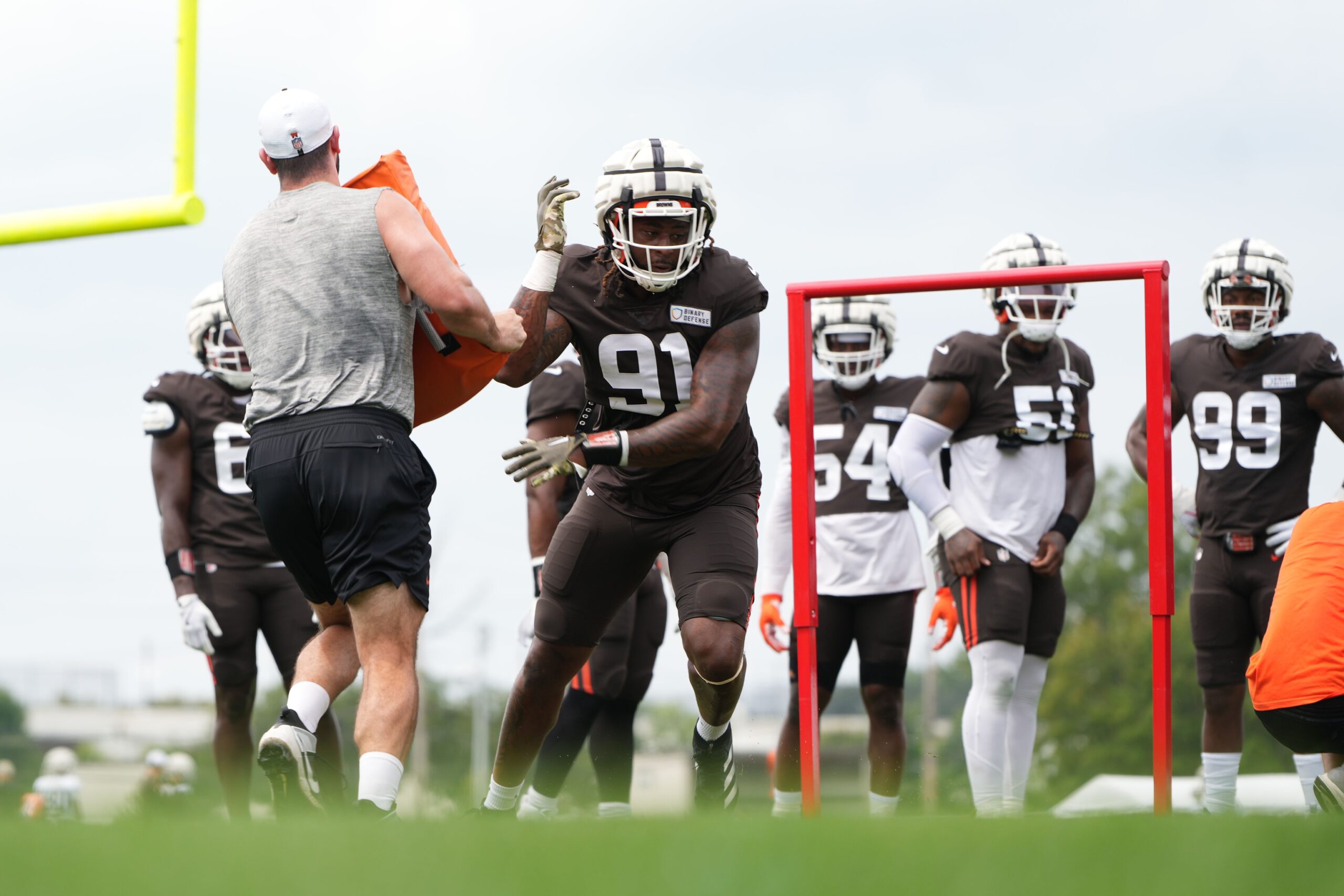 Aug 5, 2024; Cleveland Browns defensive end Alex Wright (91) during practice at the Browns training facility in Berea, Ohio. Mandatory Credit: Bob Donnan-Imagn Images