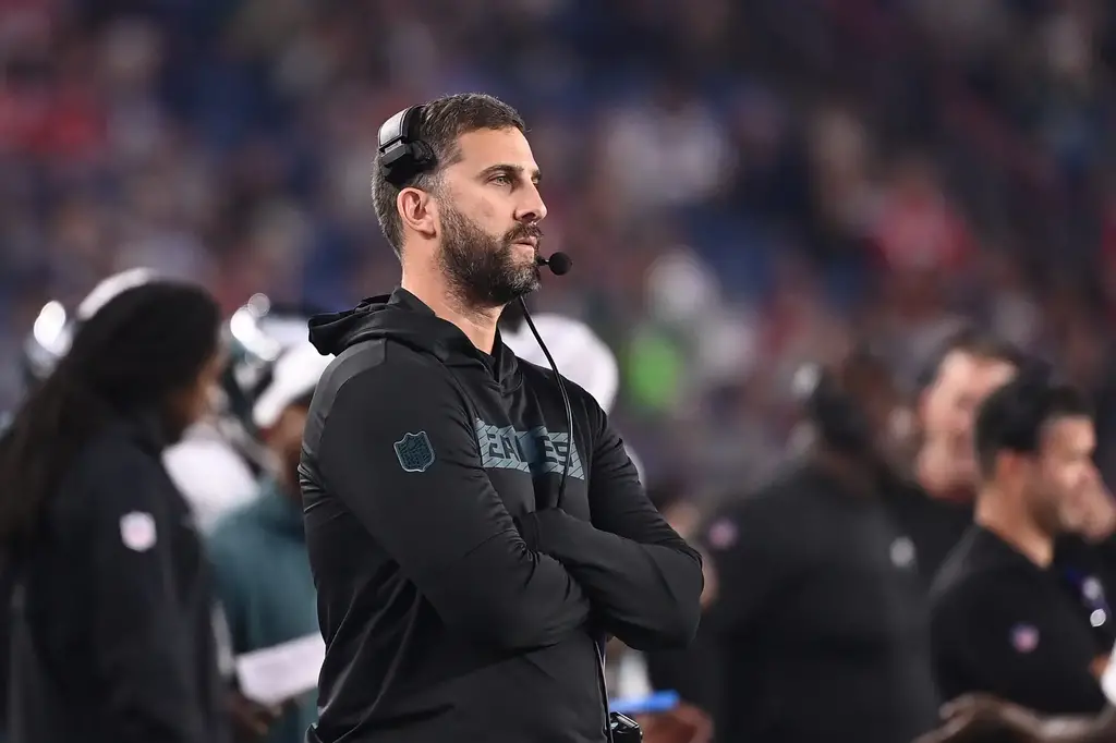 Aug 15, 2024; Foxborough, MA, USA; Philadelphia Eagles head coach Nick Sirianni works from the sideline during the first half against the New England Patriots at Gillette Stadium. Mandatory Credit: Eric Canha-Imagn Images