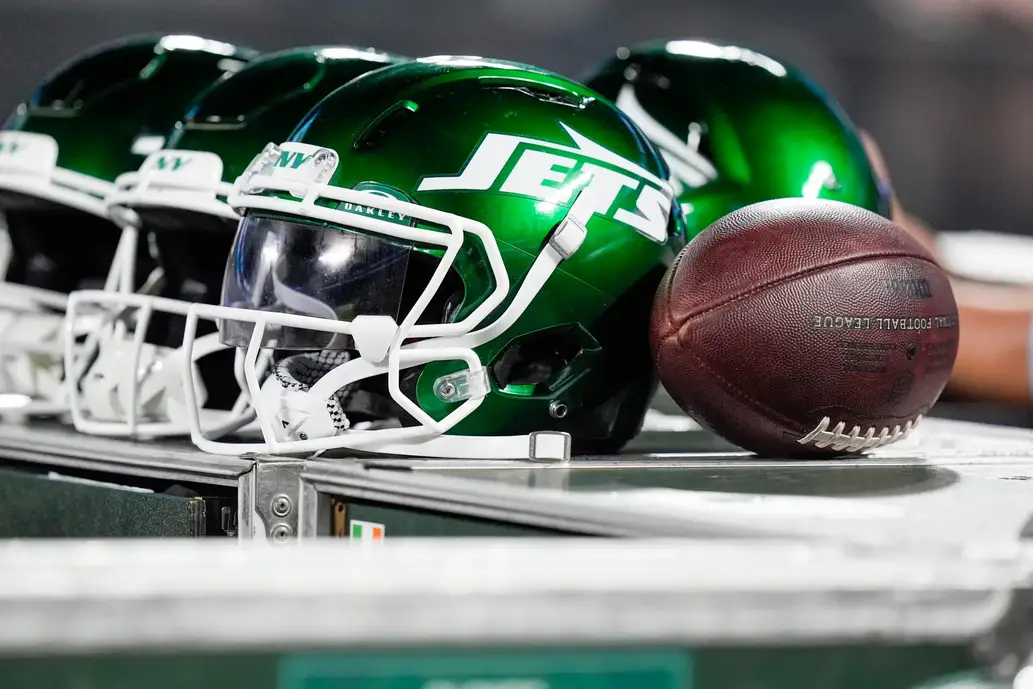 Aug 17, 2024; Charlotte, North Carolina, USA; New York Jets helmets during the second half against the Carolina Panthers at Bank of America Stadium. Mandatory Credit: Jim Dedmon-Imagn Images