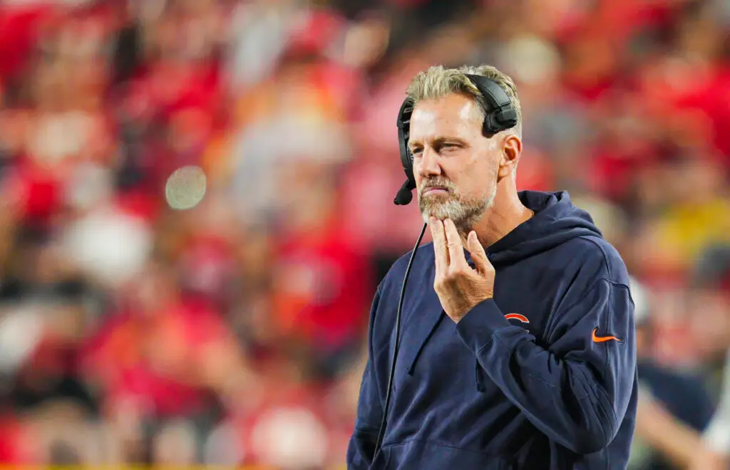 Aug 22, 2024; Kansas City, Missouri, USA; Chicago Bears head coach Matt Eberflus at GEHA Field at Arrowhead Stadium. Mandatory Credit: Jay Biggerstaff-USA TODAY Sports