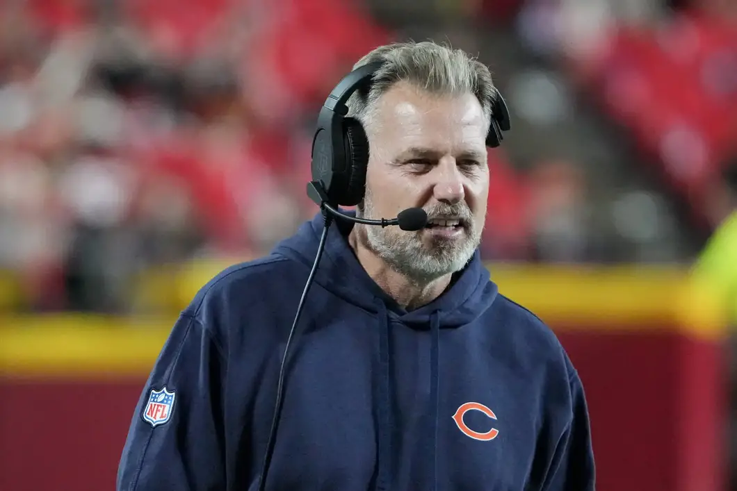 Aug 22, 2024; Kansas City, Missouri, USA; Chicago Bears head coach Matt Eberflus watches play against the Kansas City Chiefs during the game at GEHA Field at Arrowhead Stadium. Mandatory Credit: Denny Medley-Imagn Images