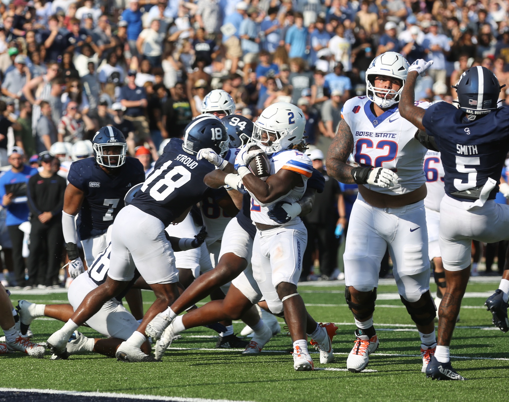 Aug 31, 2024; Statesboro, Georgia, USA; Boise State Broncos running back Ashton Jeanty (2) drives to the end zone for a touchdown against the Georgia Southern Eagles defense at Paulson Stadium. Mandatory Credit: Richard Burkhart/Savannah Morning News-Imagn Images (Bears)