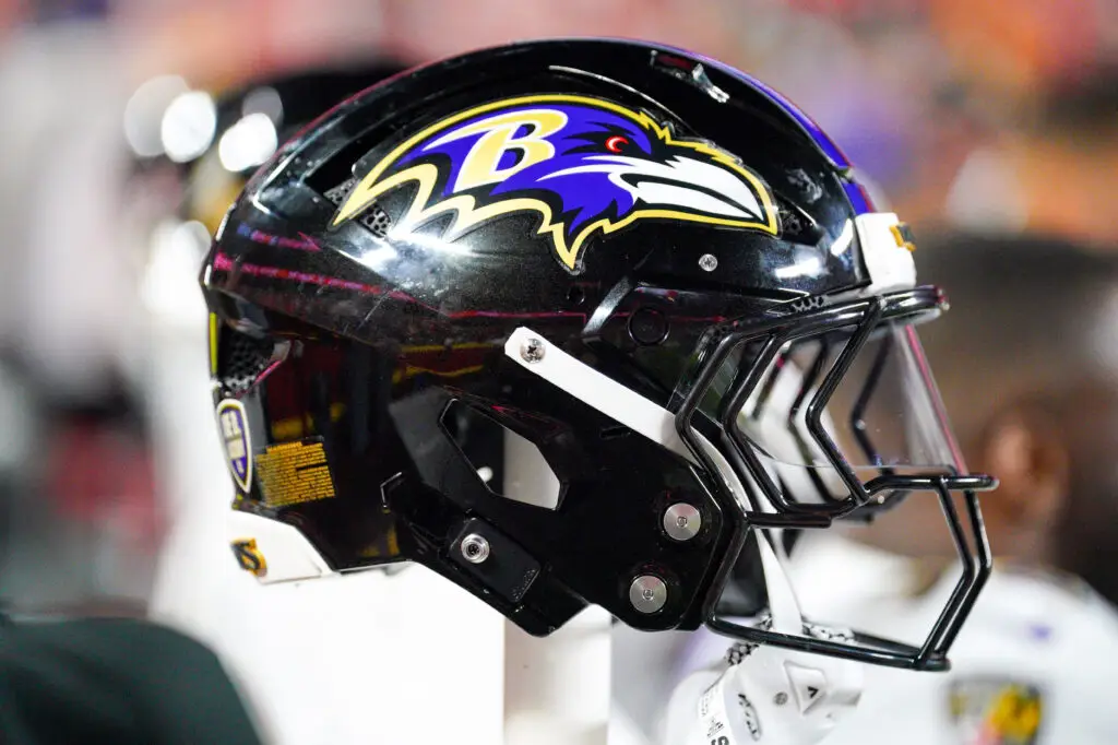 Sep 5, 2024; Kansas City, Missouri, USA; A general view of a Baltimore Ravens helmet against the Kansas City Chiefs during the first half at GEHA Field at Arrowhead Stadium. Mandatory Credit: Denny Medley-Imagn Images