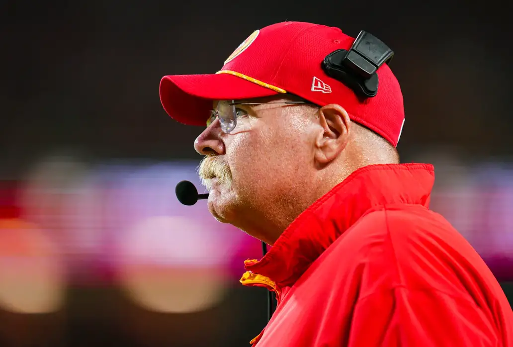 Sep 5, 2024; Kansas City, Missouri, USA; Kansas City Chiefs head coach Andy Reid watches the action during the first half against the Baltimore Ravens at GEHA Field at Arrowhead Stadium. Mandatory Credit: Jay Biggerstaff-Imagn Images