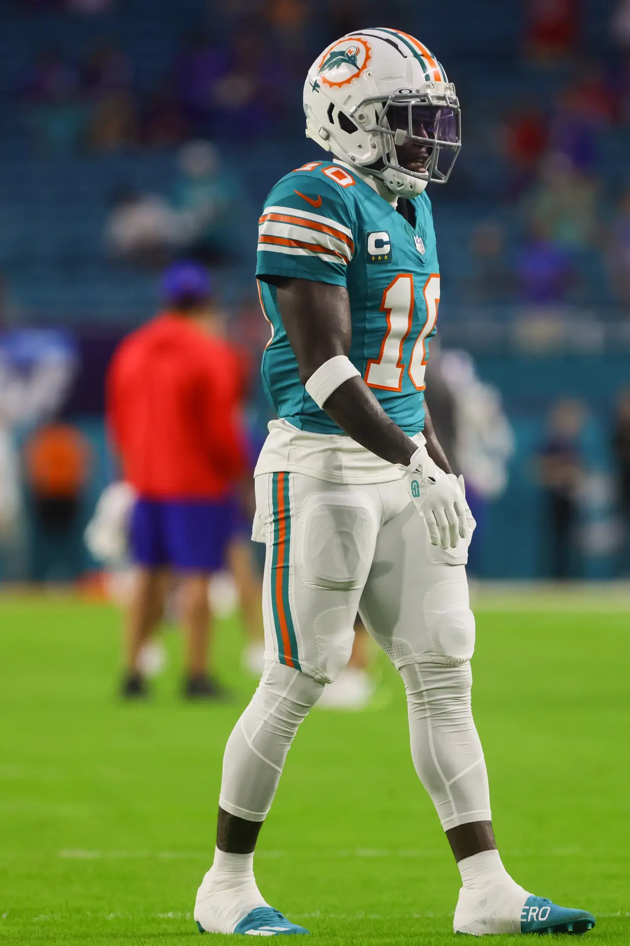 Sep 12, 2024; Miami Gardens, Florida, USA; Miami Dolphins wide receiver Tyreek Hill (10) walks on the field before the game against the Buffalo Bills at Hard Rock Stadium. Mandatory Credit: Sam Navarro-Imagn Images