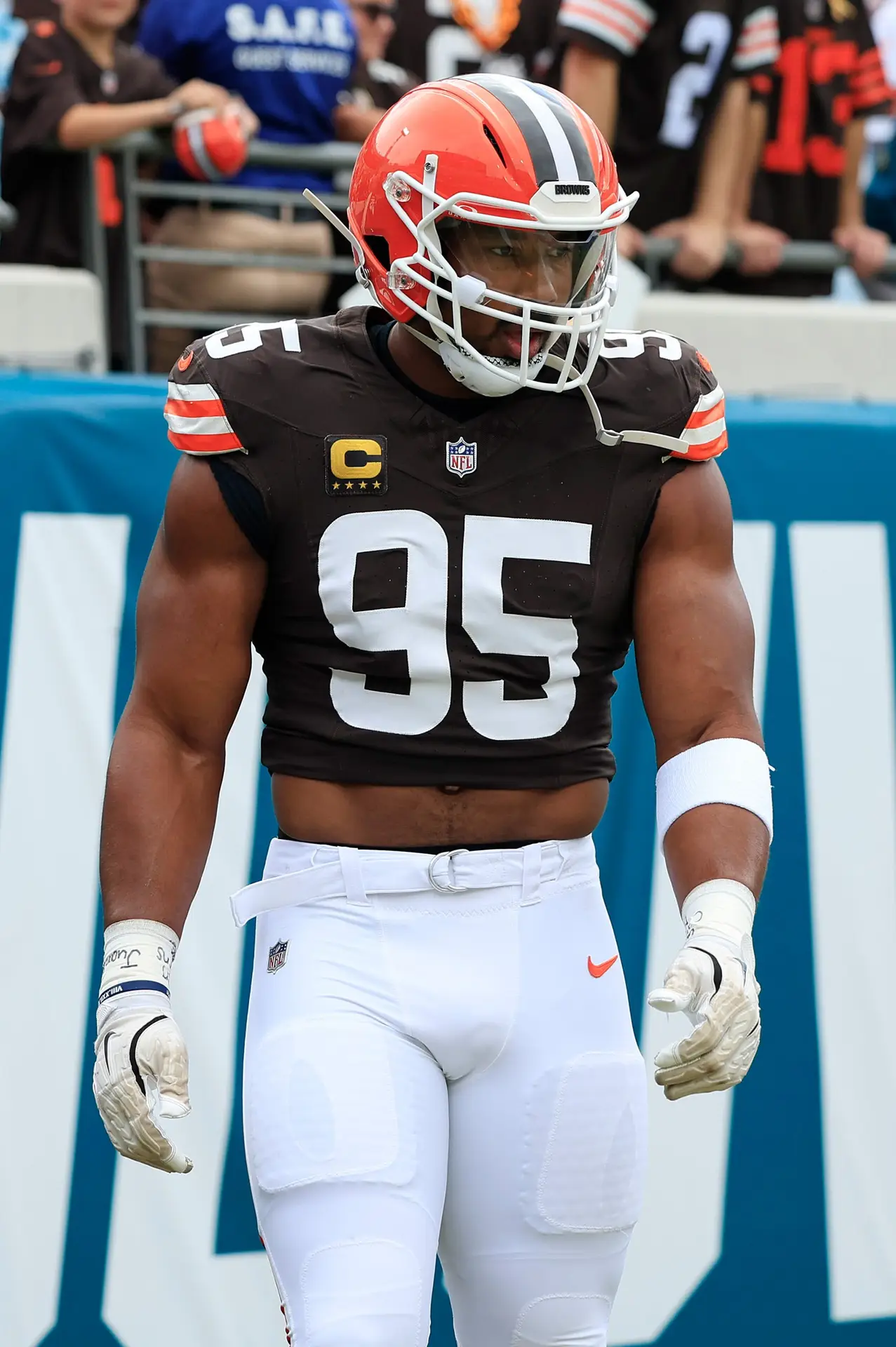 Cleveland Browns defensive end Myles Garrett (95) looks on before an NFL football matchup Sunday, Sept. 15, 2024 at EverBank Stadium in Jacksonville, Fla. [Corey Perrine/Florida Times-Union]