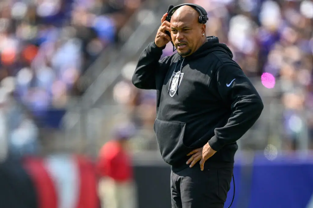 Sep 15, 2024; Baltimore, Maryland, USA; Las Vegas Raiders head coach Antonio Pierce looks on from the sideline during the first half against the Baltimore Ravens at M&T Bank Stadium. Mandatory Credit: Reggie Hildred-Imagn Images