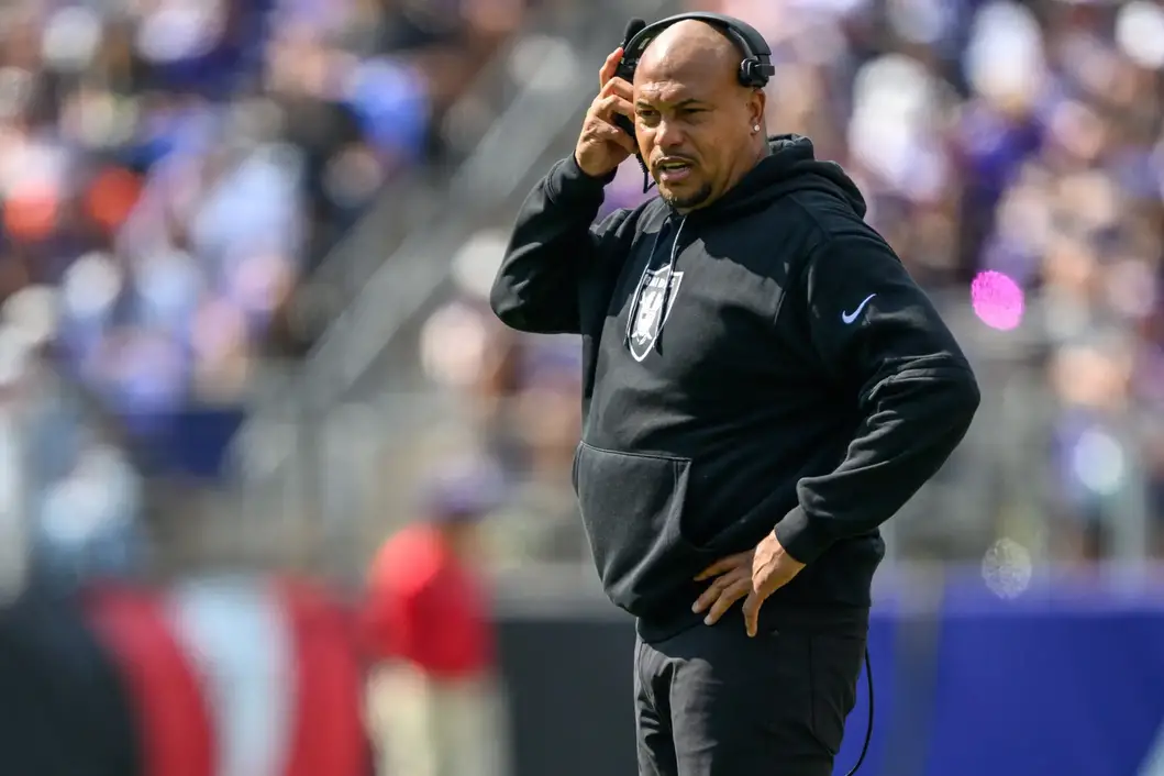 Sep 15, 2024; Baltimore, Maryland, USA; Las Vegas Raiders head coach Antonio Pierce looks on from the sideline during the first half against the Baltimore Ravens at M&T Bank Stadium. Mandatory Credit: Reggie Hildred-Imagn Images