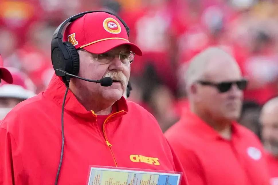 Sep 15, 2024; Kansas City, Missouri, USA; Kansas City Chiefs head coach Andy Reid watches play agains the Cincinnati Bengals during the first half at GEHA Field at Arrowhead Stadium. Mandatory Credit: Denny Medley-Imagn Images