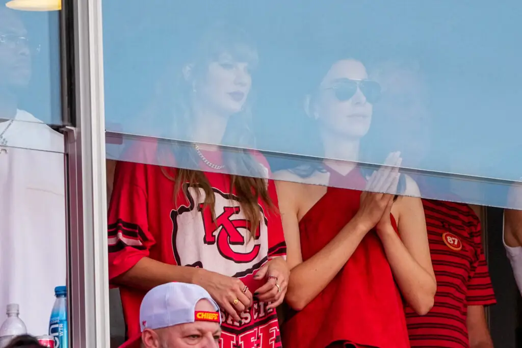 Sep 15, 2024; Kansas City, Missouri, USA; Recording artist Taylor Swift watches play during the first half of the game between the Kansas City Chiefs and Cincinnati Bengals at GEHA Field at Arrowhead Stadium. Mandatory Credit: Denny Medley-Imagn Images