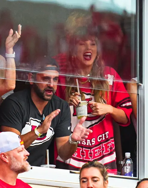 Sep 15, 2024; Kansas City, Missouri, USA; Recording artist Taylor Swift celebrates after a Kansas City Chiefs touchdown during the second half against the Cincinnati Bengals at GEHA Field at Arrowhead Stadium. Mandatory Credit: Jay Biggerstaff-Imagn Images