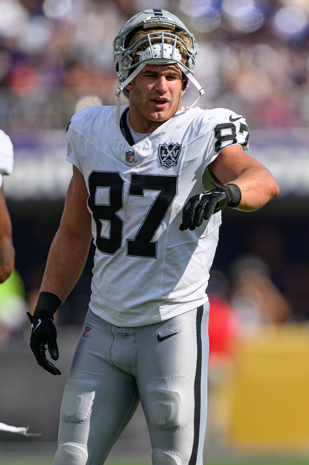 Sep 15, 2024; Baltimore, Maryland, USA; Las Vegas Raiders tight end Michael Mayer (87) looks on during the first half of the game against the Baltimore Ravens at M&T Bank Stadium. Mandatory Credit: Reggie Hildred-Imagn Images