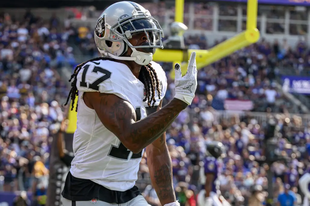 Sep 15, 2024; Baltimore, Maryland, USA; Las Vegas Raiders wide receiver Davante Adams (17) celebrates after scoring a touchdown during the second half against the Baltimore Ravens at M&T Bank Stadium. Mandatory Credit: Reggie Hildred-Imagn Images