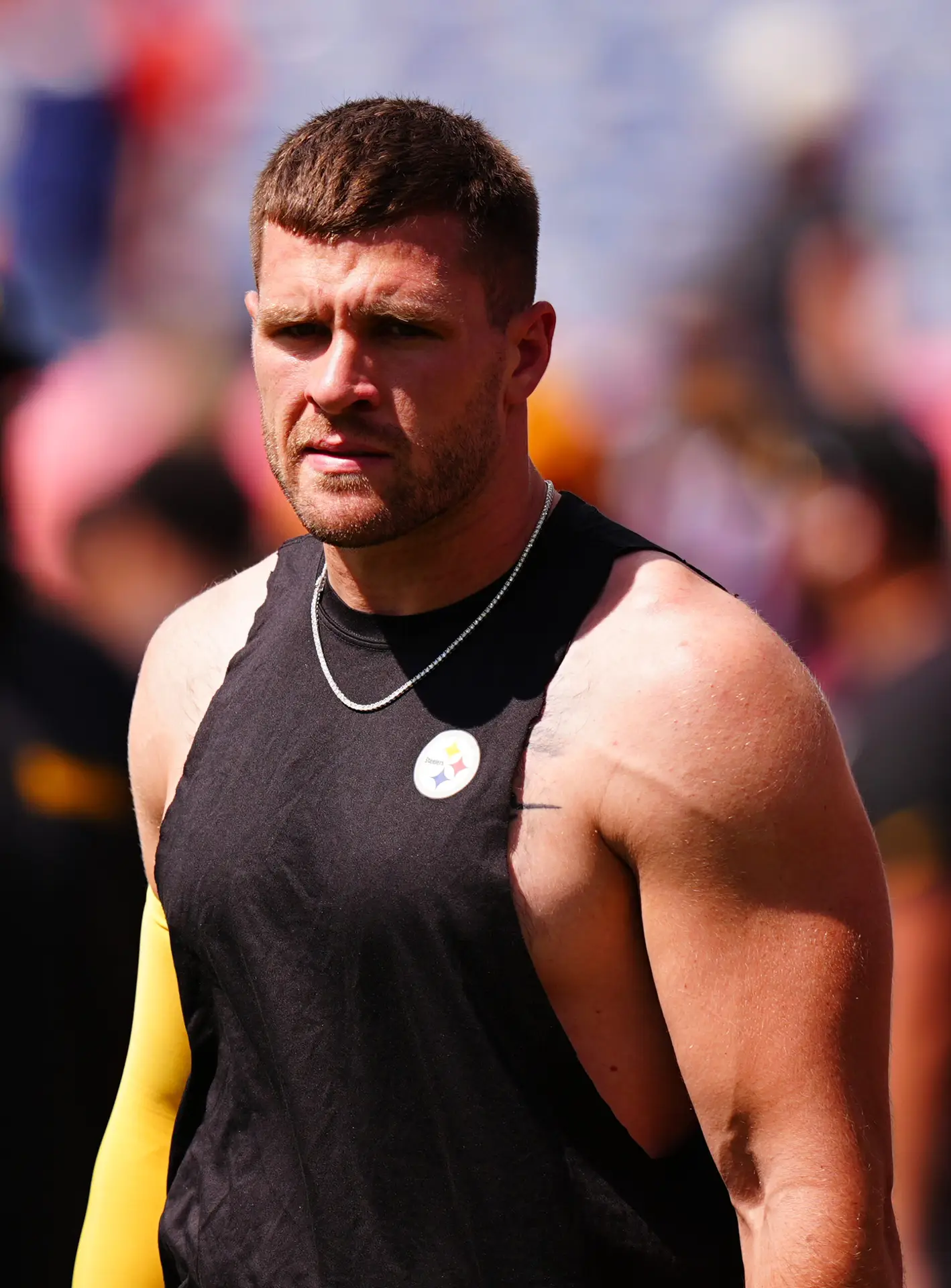 Sep 15, 2024; Denver, Colorado, USA; Pittsburgh Steelers linebacker T.J. Watt (90) before the game against the Denver Broncos at Empower Field at Mile High. Mandatory Credit: Ron Chenoy-Imagn Images