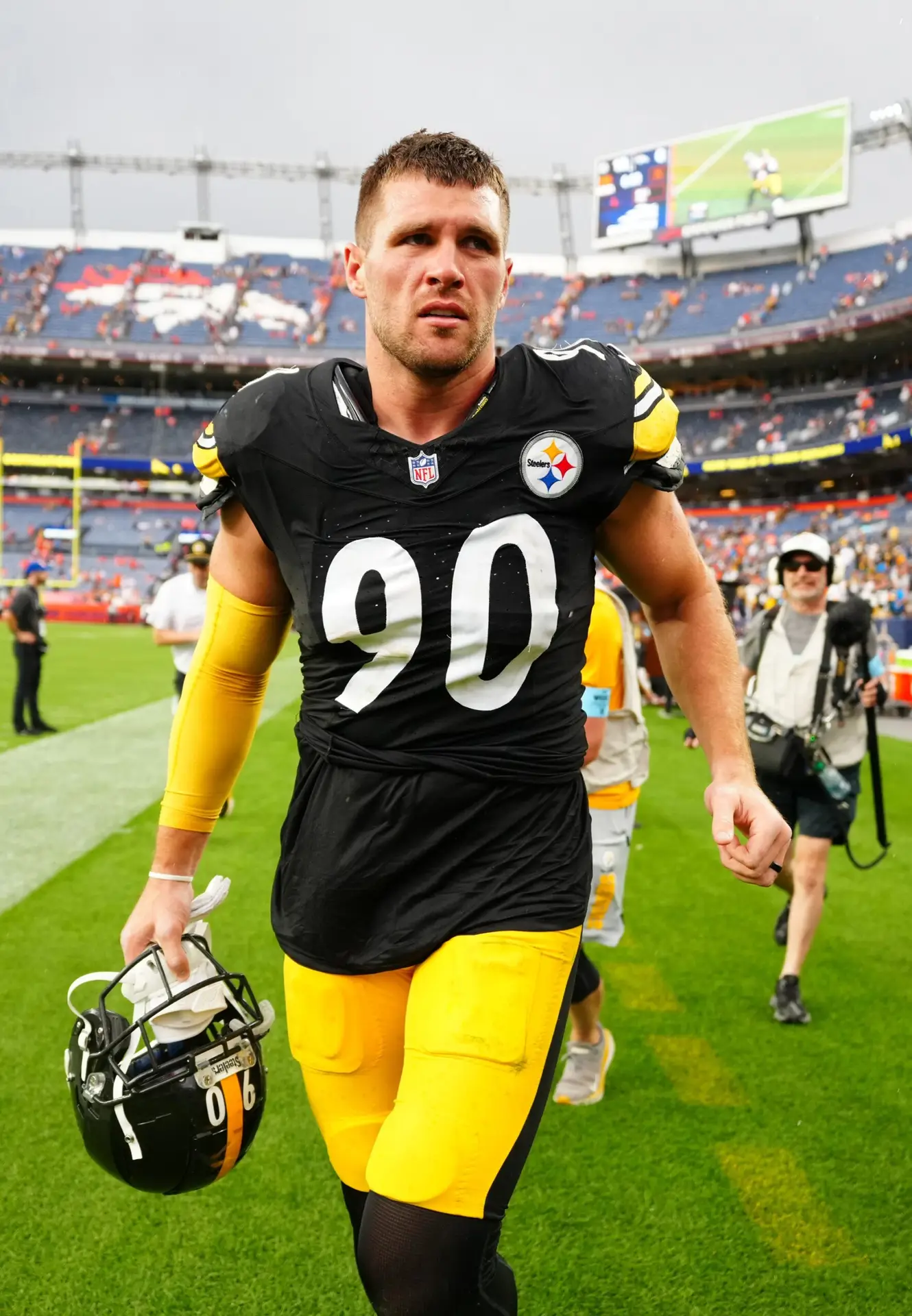 Sep 15, 2024; Denver, Colorado, USA; Pittsburgh Steelers linebacker T.J. Watt (90) following the win over the Denver Broncos at Empower Field at Mile High. Mandatory Credit: Ron Chenoy-Imagn Images