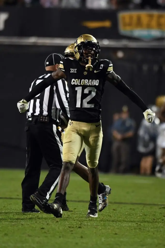 Sep 21, 2024; Boulder, Colorado, USA; Colorado Buffaloes wide receiver Travis Hunter (12) celebrates after a reception during the second half against the Baylor Bears at Folsom Field. Mandatory Credit: Christopher Hanewinckel-Imagn Images (Denver Broncos)