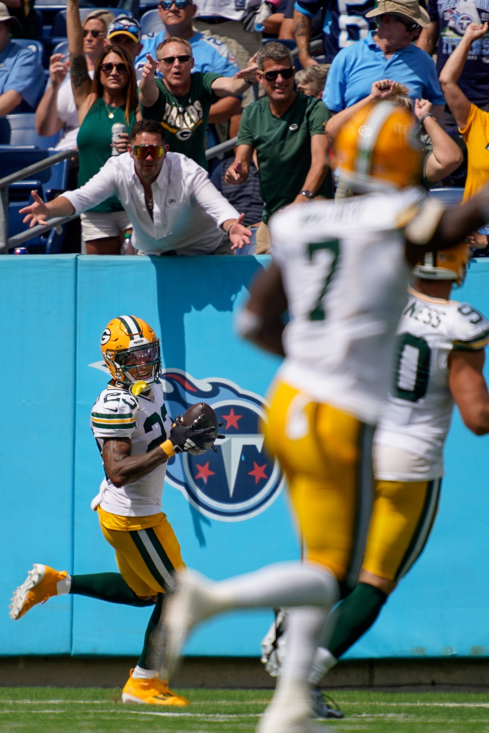 Green Bay Packers cornerback Jaire Alexander (23) celebrates his touchdown off of an interception against the Tennessee Titans during the first quarter at Nissan Stadium in Nashville, Tenn., Sunday, Sept. 22, 2024. © Andrew Nelles / The Tennessean / USA TODAY NETWORK via Imagn Images