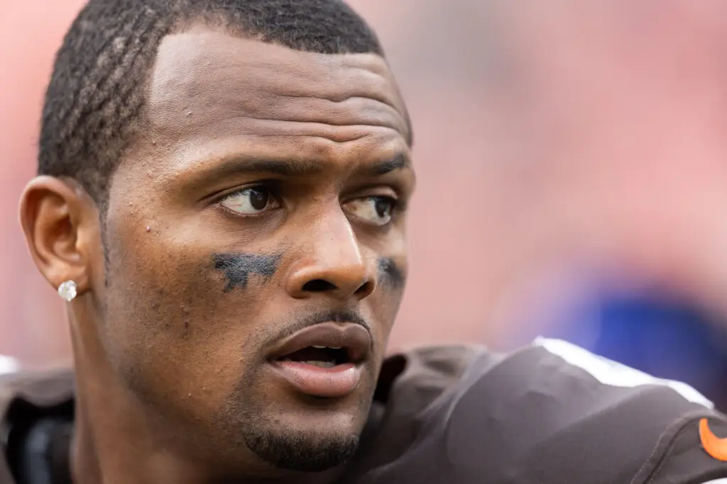 Sep 22, 2024; Cleveland, Ohio, USA; Cleveland Browns quarterback Deshaun Watson (4) looks back after the game against the New York Giants at Huntington Bank Field. Mandatory Credit: Scott Galvin-Imagn Images