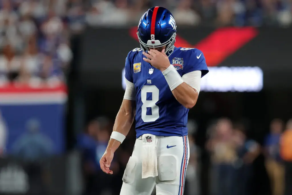 Sep 26, 2024; East Rutherford, New Jersey, USA; New York Giants quarterback Daniel Jones (8) reacts during the second quarter against the Dallas Cowboys at MetLife Stadium. Mandatory Credit: Brad Penner-Imagn Images