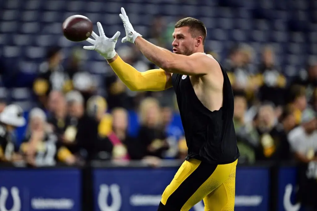 Sep 29, 2024; Indianapolis, Indiana, USA; Pittsburgh Steelers linebacker T.J. Watt (90) catches a pass before the game against the Indianapolis Colts at Lucas Oil Stadium. Mandatory Credit: Marc Lebryk-Imagn Images