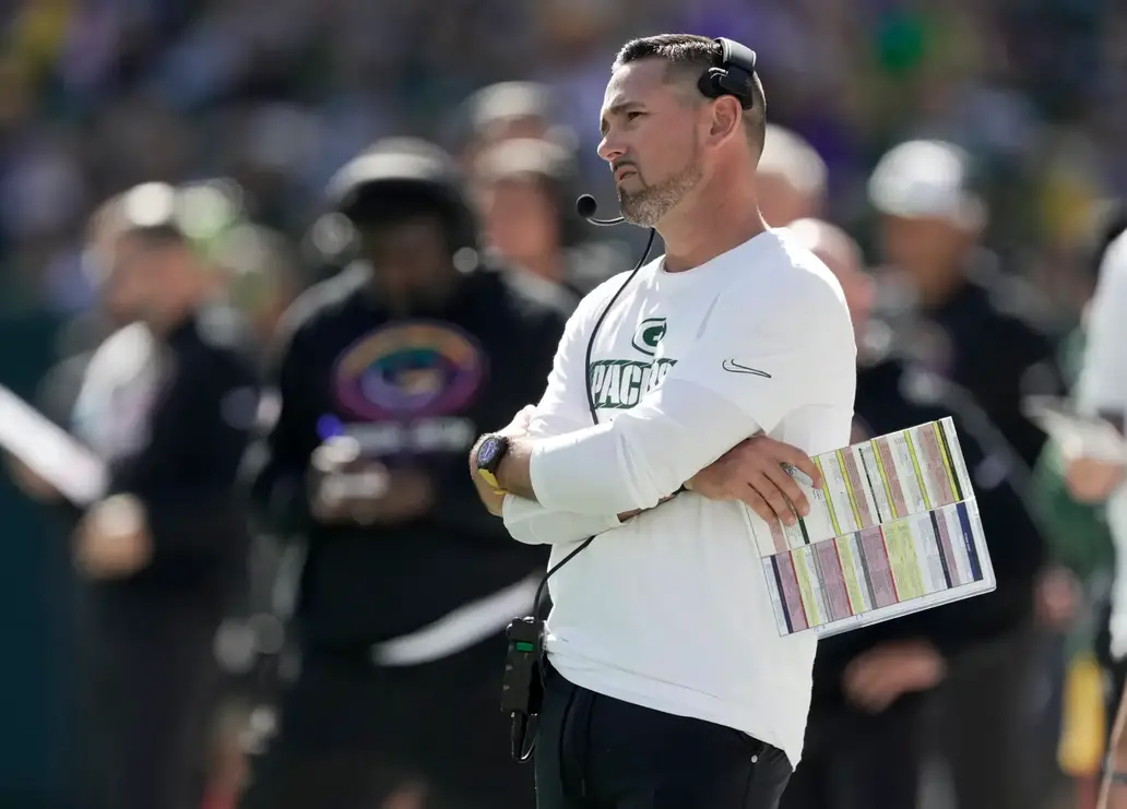 Sep 29, 2024; Green Bay, Wisconsin, USA; Green Bay Packers head coach Matt LaFleur is shown during the first quarter of their game against the Minnesota Vikings Sunday, September 29, 2024 at Lambeau Field in Green Bay, Wisconsin. Mandatory Credit: Mark Hoffman/USA TODAY Network via Imagn Images