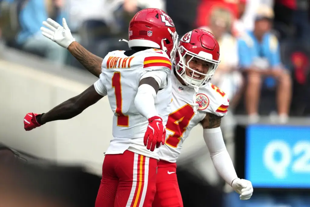 Sep 29, 2024; Inglewood, California, USA; Kansas City Chiefs wide receiver Xavier Worthy (1) celebrates with wide receiver Skyy Moore (24) after catching a 54-yard touchdown pass in the second quarter against the Los Angeles Chargers at SoFi Stadium. Mandatory Credit: Kirby Lee-Imagn Images