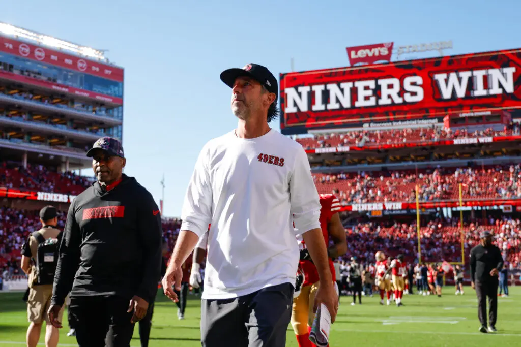 Sep 29, 2024; Santa Clara, California, USA; San Francisco 49ers head coach Kyle Shanahan walks off the field after the game against the New England Patriots at Levi's Stadium. Mandatory Credit: Sergio Estrada-Imagn Images