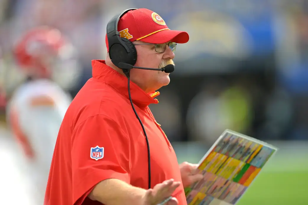 Sep 29, 2024; Inglewood, California, USA; Kansas City Chiefs head coach Andy Reid on the sidelines in the second half against the Los Angeles Chargers at SoFi Stadium. Mandatory Credit: Jayne Kamin-Oncea-Imagn Images