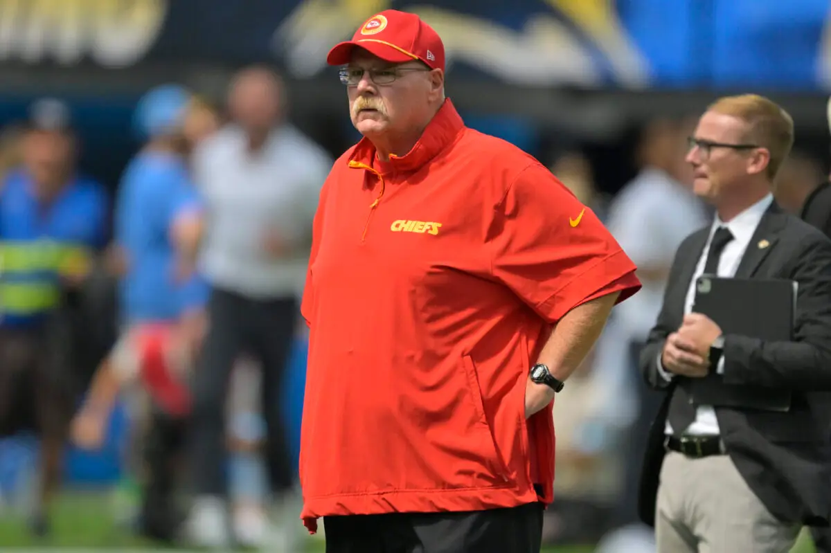 Sep 29, 2024; Inglewood, California, USA; Kansas City Chiefs head coach Andy Reid looks on prior to the game against the Los Angeles Chargers at SoFi Stadium. Mandatory Credit: Jayne Kamin-Oncea-Imagn Images