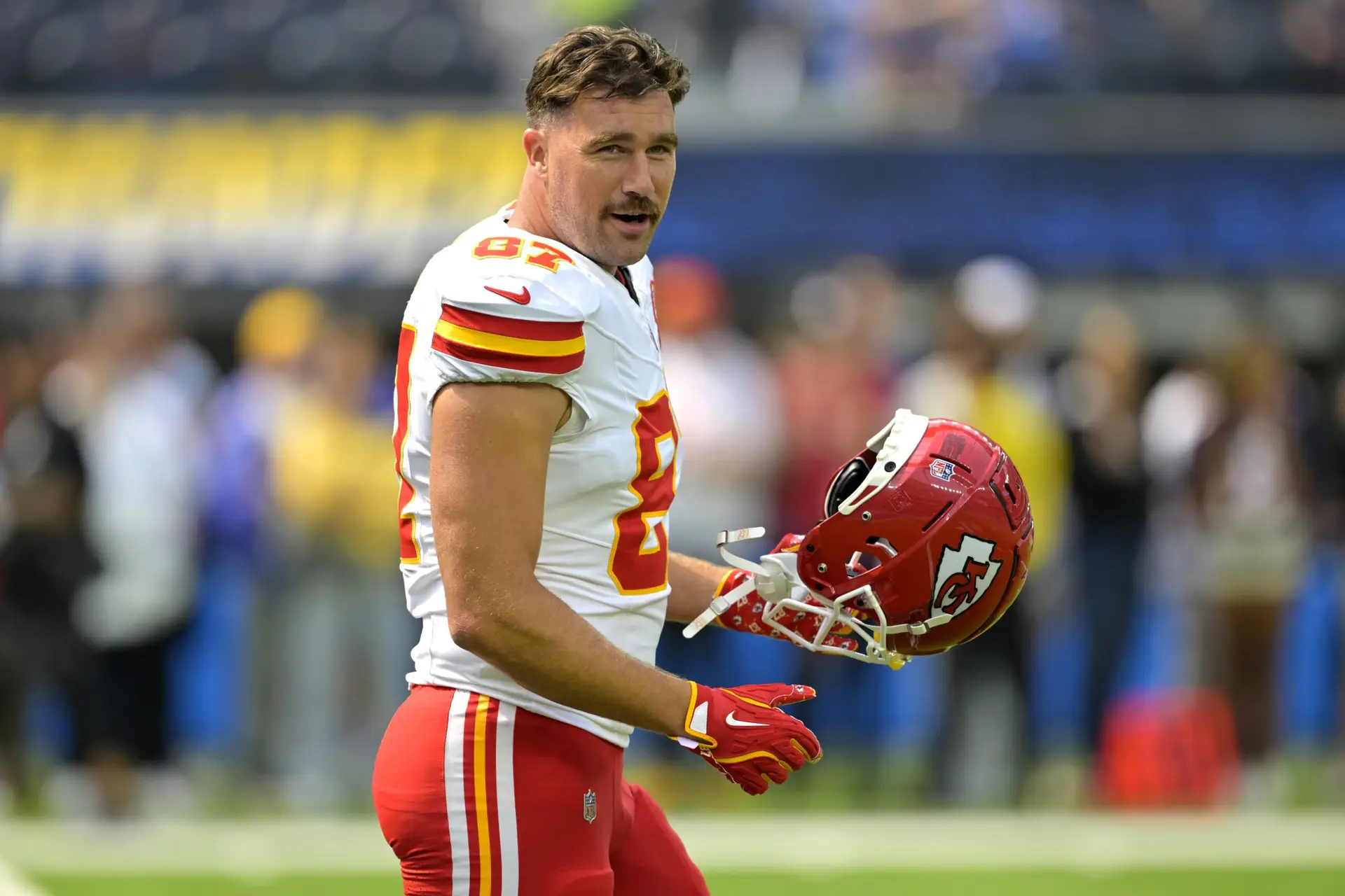 Sep 29, 2024; Inglewood, California, USA; Kansas City Chiefs tight end Travis Kelce (87) looks on prior to the game against the Los Angeles Chargers at SoFi Stadium. Mandatory Credit: Jayne Kamin-Oncea-Imagn Images