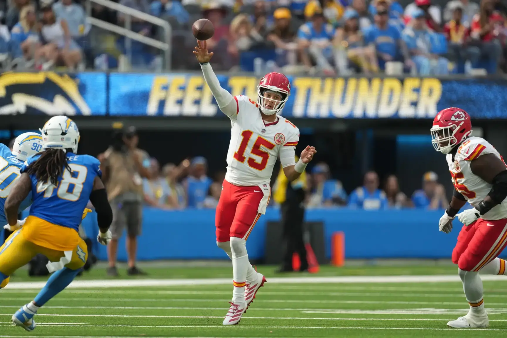 Sep 29, 2024; Inglewood, California, USA; Kansas City Chiefs quarterback Patrick Mahomes (15) throws the ball against the Los Angeles Chargers in the second half at SoFi Stadium. Mandatory Credit: Kirby Lee-Imagn Images