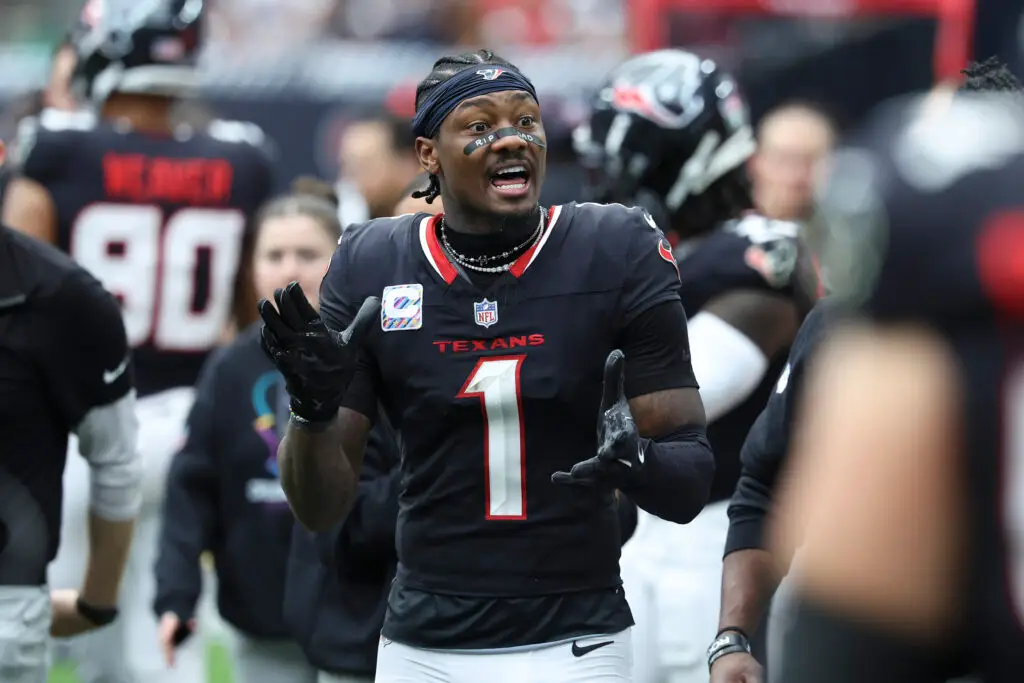 Sep 29, 2024; Houston, Texas, USA; Houston Texans wide receiver Stefon Diggs (1) during the game against the Jacksonville Jaguars at NRG Stadium. Mandatory Credit: Troy Taormina-Imagn Images