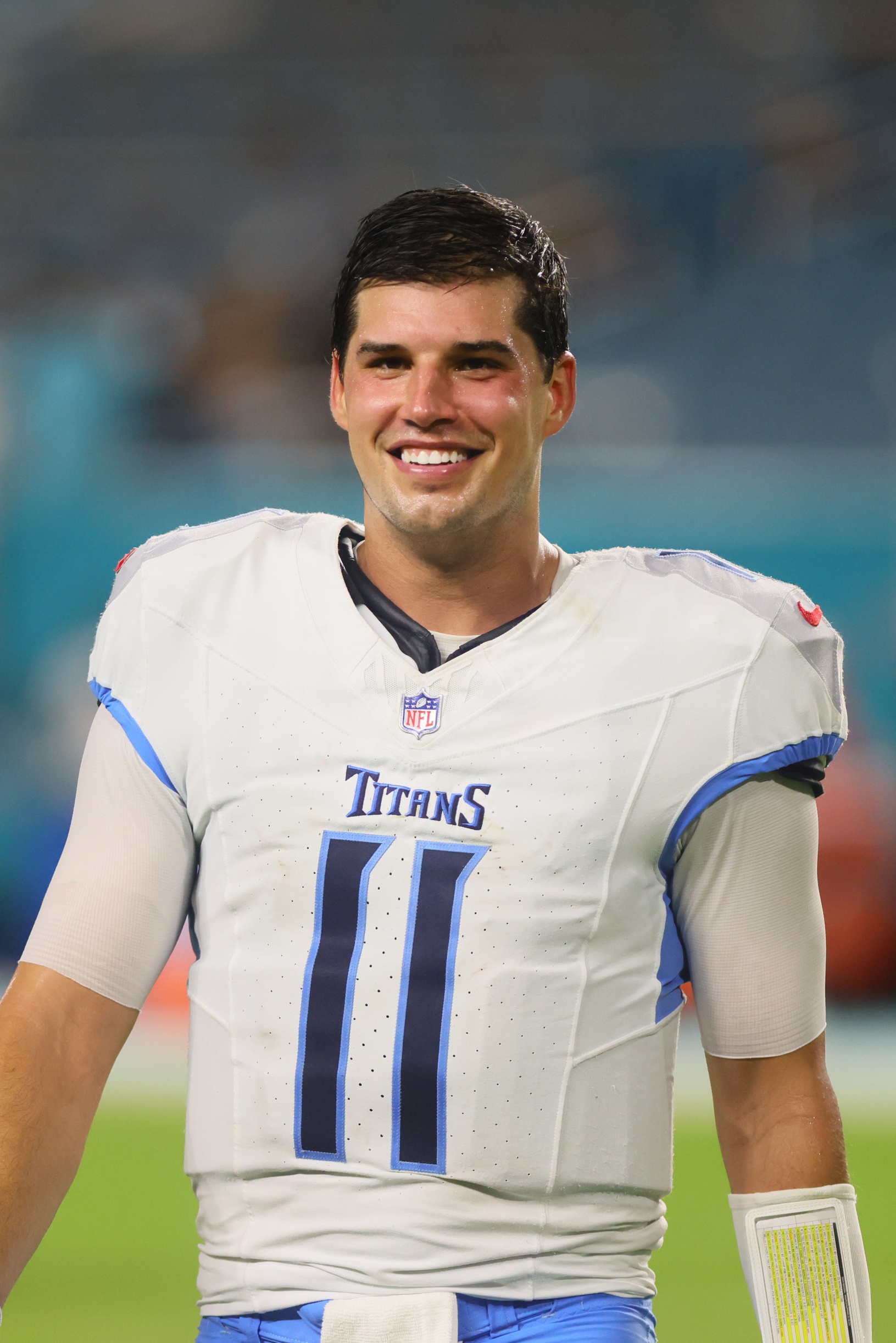 Sep 30, 2024; Miami Gardens, Florida, USA; Tennessee Titans quarterback Mason Rudolph (11) looks on after the game against the Miami Dolphins at Hard Rock Stadium. Mandatory Credit: Sam Navarro-Imagn Images