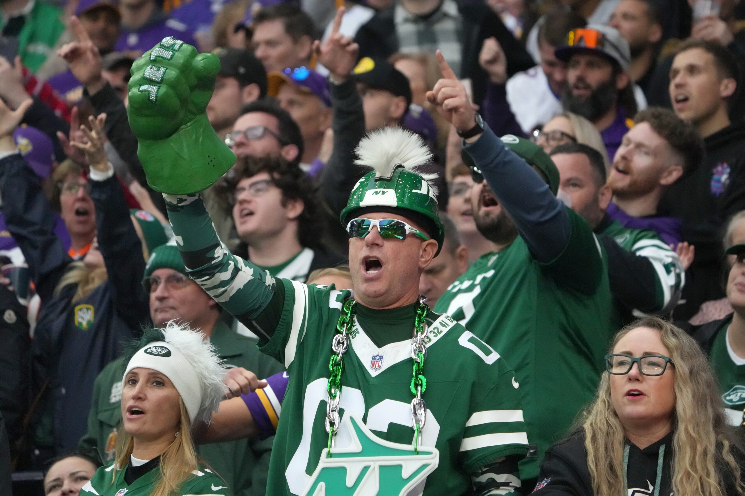 Oct 6, 2024; London, United Kingdom; A New York Jets fan in costume reacts against the Minnesota Vikings in the second half at Tottenham Hotspur Stadium. Mandatory Credit: Kirby Lee-Imagn Images