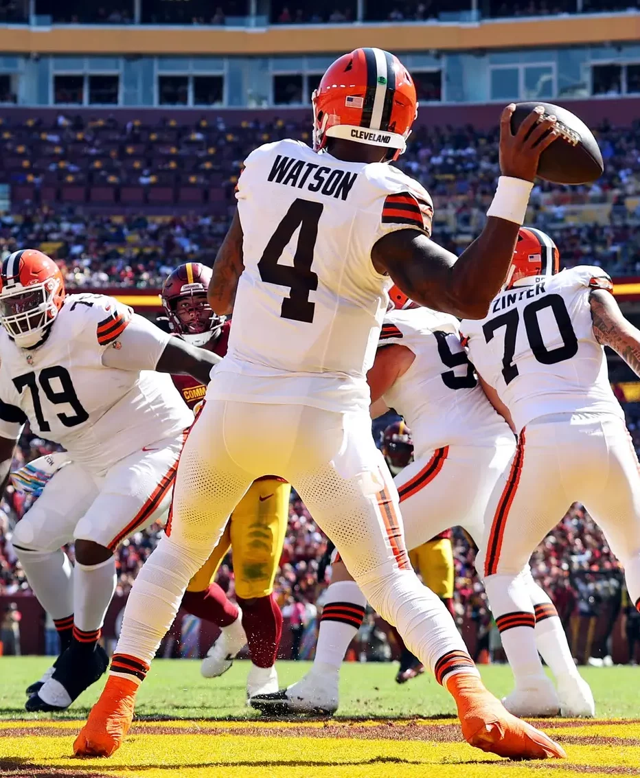 Oct 6, 2024; Landover, Maryland, USA; Cleveland Browns quarterback Deshaun Watson (4) throws a pass against Washington Commanders defensive tackle Jer'Zhan Newton (95) during the second quarter at NorthWest Stadium. Mandatory Credit: Peter Casey-Imagn Images