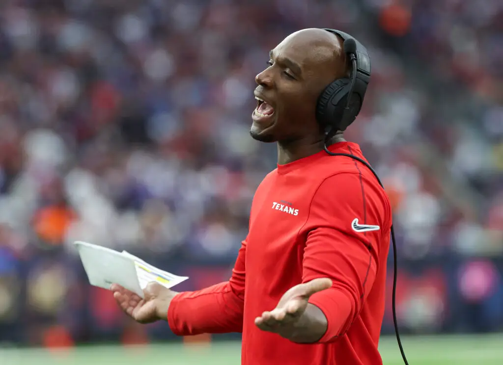 Oct 6, 2024; Houston, Texas, USA; Houston Texans head coach DeMeco Ryans reacts after a play during the third quarter against the Buffalo Bills at NRG Stadium. Mandatory Credit: Troy Taormina-Imagn Images