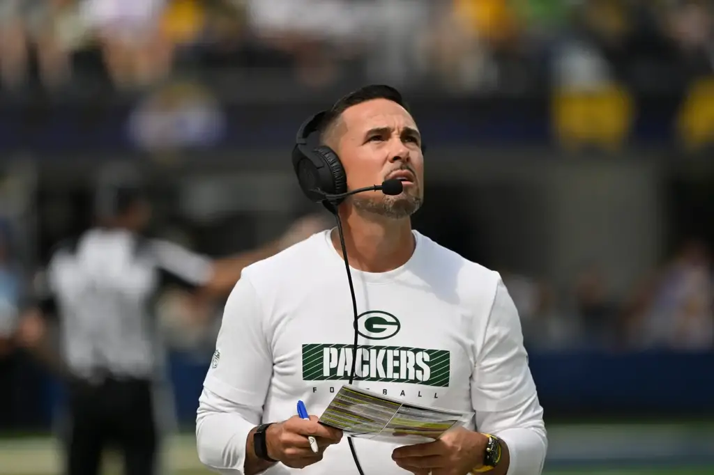 Oct 6, 2024; Inglewood, California, USA; Green Bay Packers head coach Matt LaFleur on the sidelines during the first quarter against the Los Angeles Rams at SoFi Stadium. Mandatory Credit: Robert Hanashiro-Imagn Images