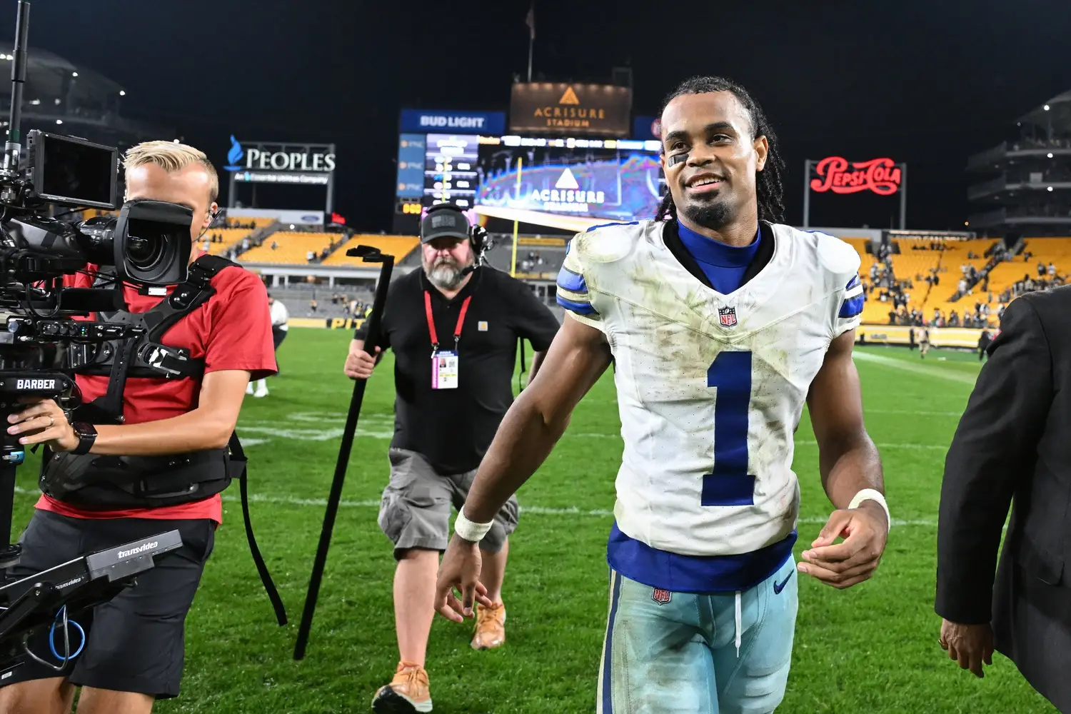 Oct 6, 2024; Pittsburgh, Pennsylvania, USA; DDallas Cowboys wide receiver Jalen Tolbert (1) leaves the field after a 20-17 win against the Pittsburgh Steelers at Acrisure Stadium. Mandatory Credit: Barry Reeger-Imagn Images