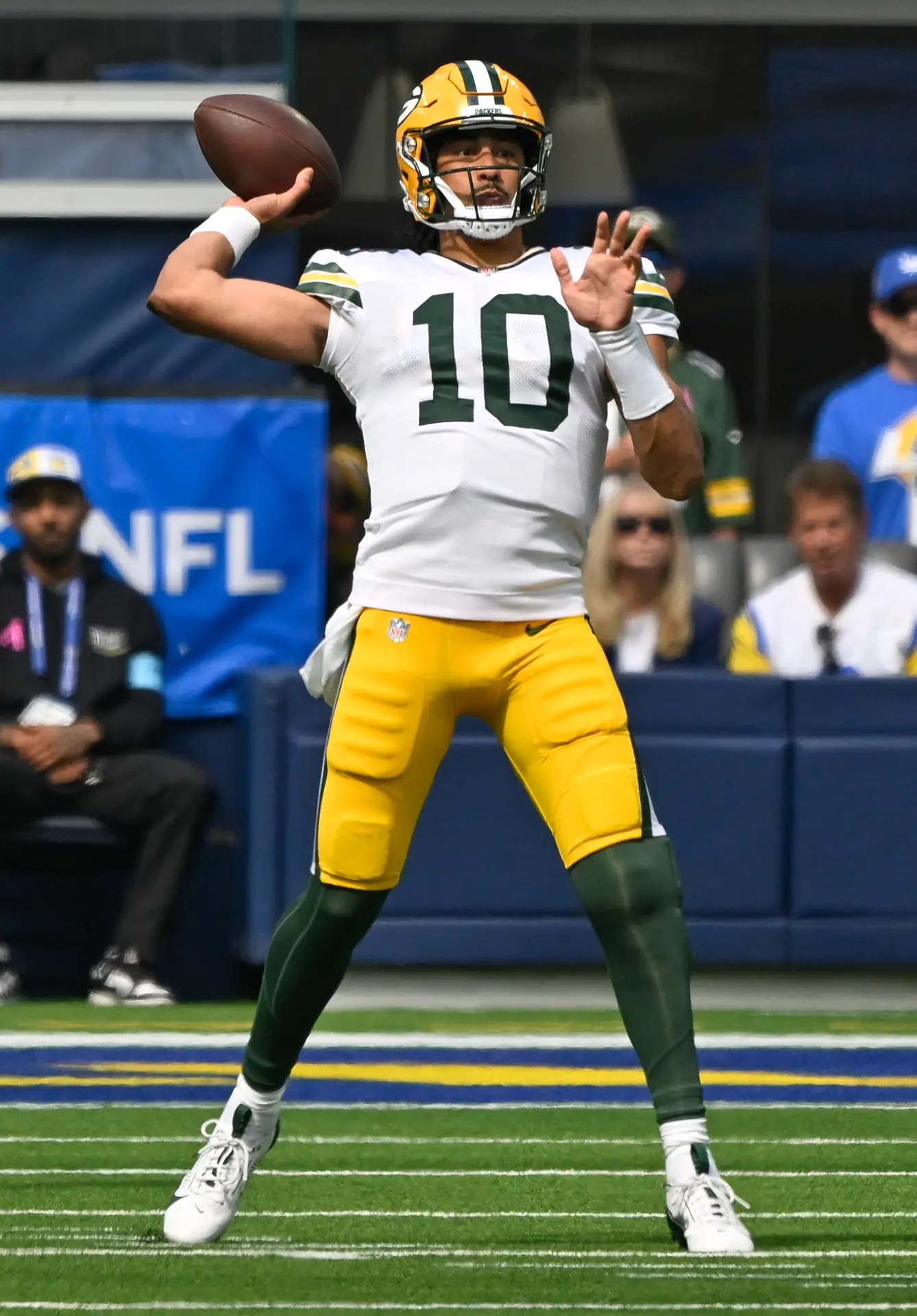 Oct 6, 2024; Inglewood, California, USA; Green Bay Packers quarterback Jordan Love (10) throws a during during the first quarter against the Los Angeles Rams at SoFi Stadium. Mandatory Credit: Robert Hanashiro-Imagn Images